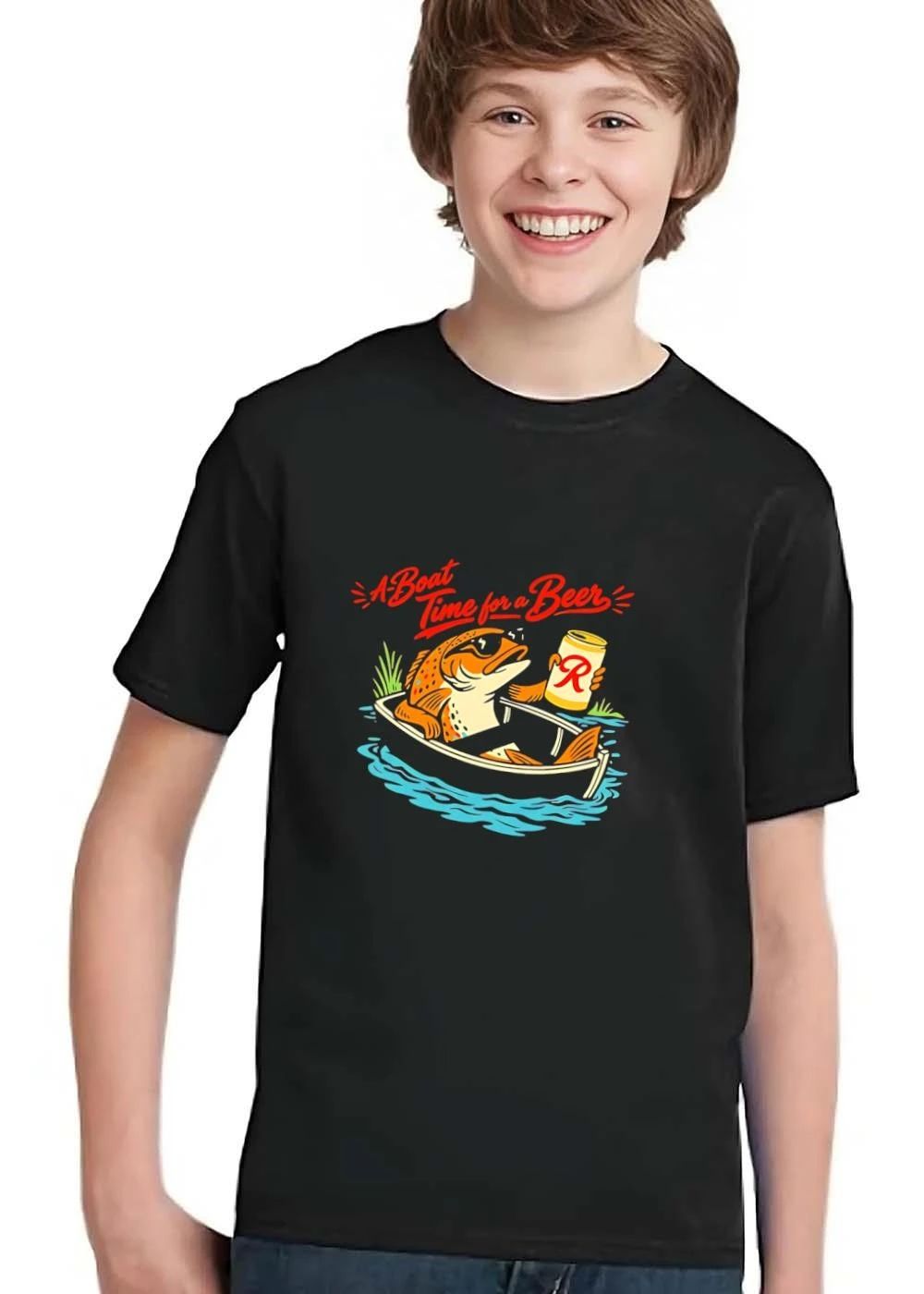 A Boat Time For Beer Cartoon Trout Sunglasses Rowboat Drink Can shirt