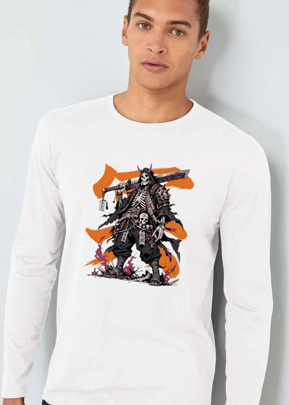 Horned Skeleton Samurai Warrior Holding Giant Katana Orange Brushstroke Background shirt