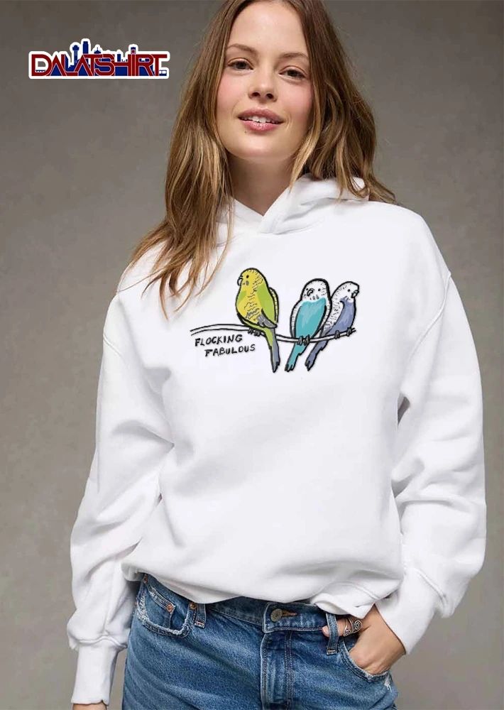 Flocking Fabulous Three Colorful Budgies Sitting On Wire Cartoon shirt