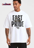 East Side Pride Panther Head Profile Distressed Block Letters Script Overlay shirt