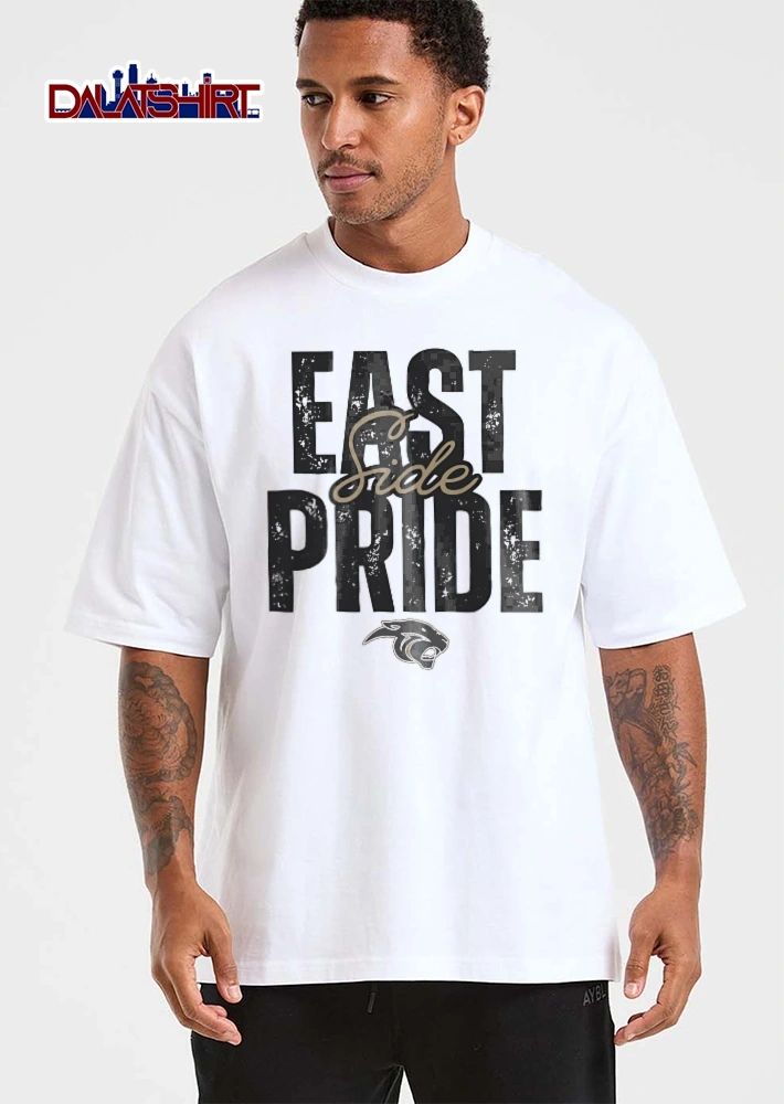 East Side Pride Panther Head Profile Distressed Block Letters Script Overlay shirt