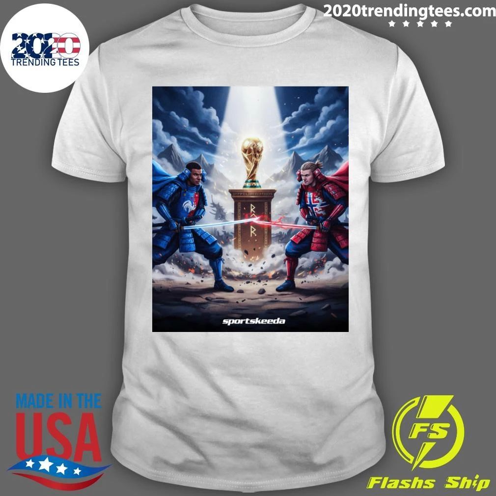 Kylian Mbappé and Erling Haaland Football Rivals Battle for the Championship Trophy Fantasy Artwork Shirt