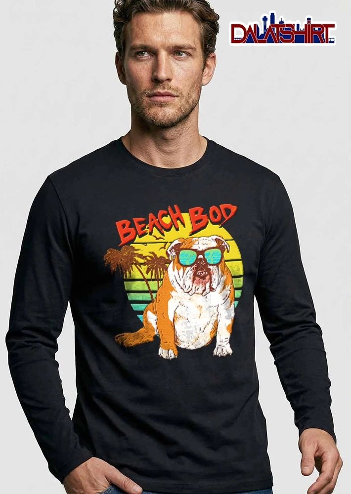 Beach Bod English Bulldog Sunglasses Palm Trees Retro Sunset Cartoon shirt