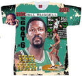 BILL RUSSELL  T-SHIRT ALL OVER PRINT. BASKETBALL TEE. BOSTON LEGEND