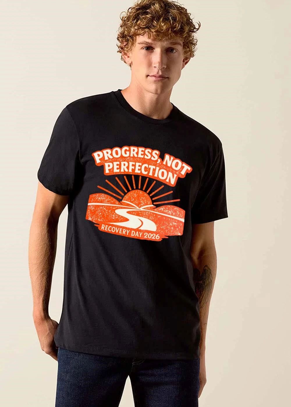 Progress Not Perfection Recovery Day 2026 Winding Road Sunburst Distressed Landscape shirt