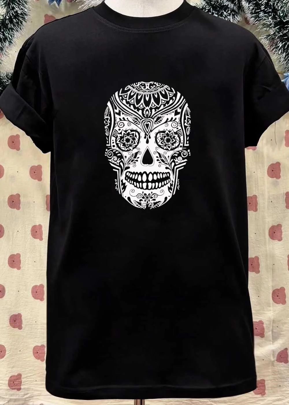 Sugar Skull Artistic Decorative Pattern Detailed Black and White Shirt