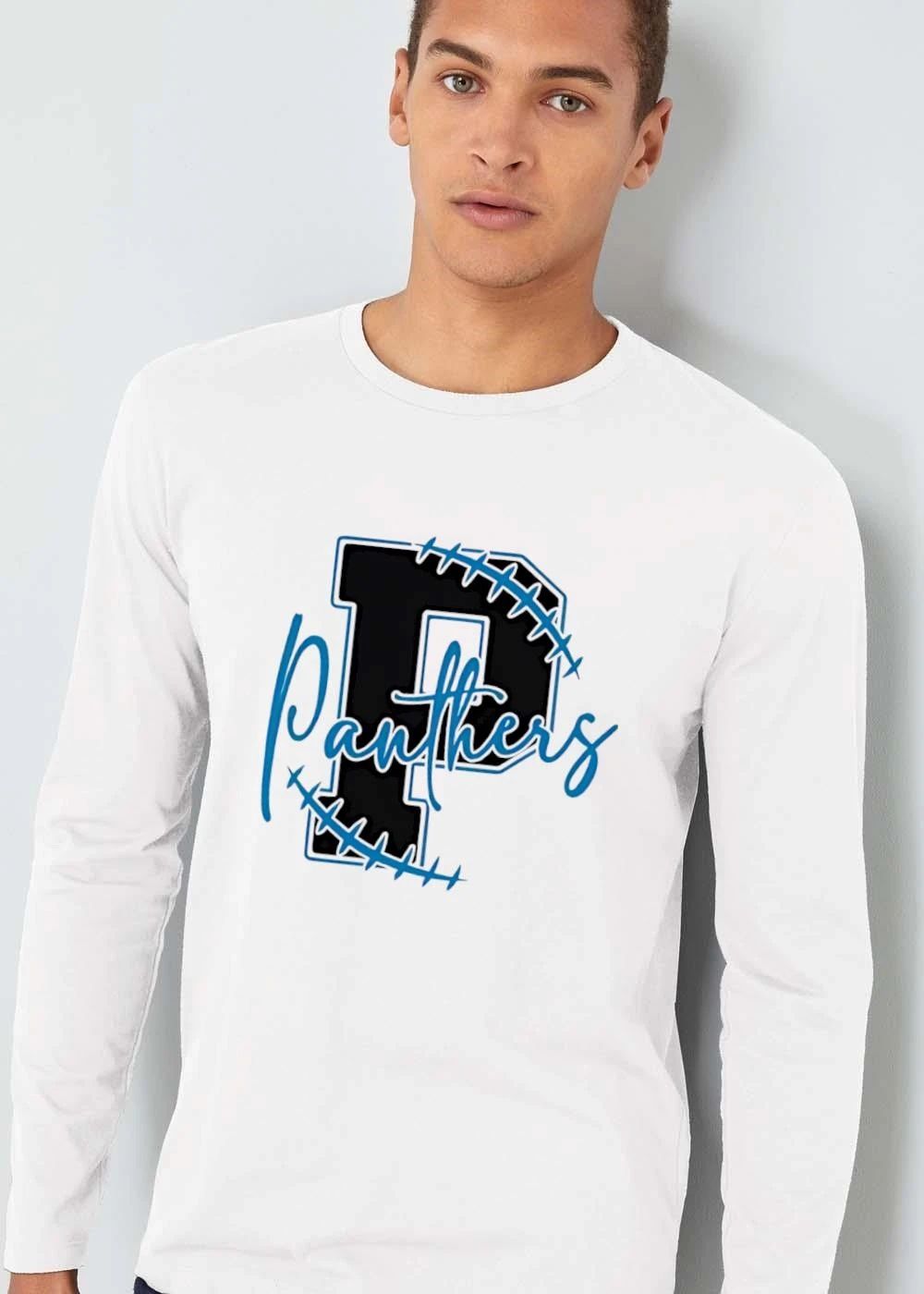 Panthers Varsity Letter P Blue Football Laces Script Text Outline shirt