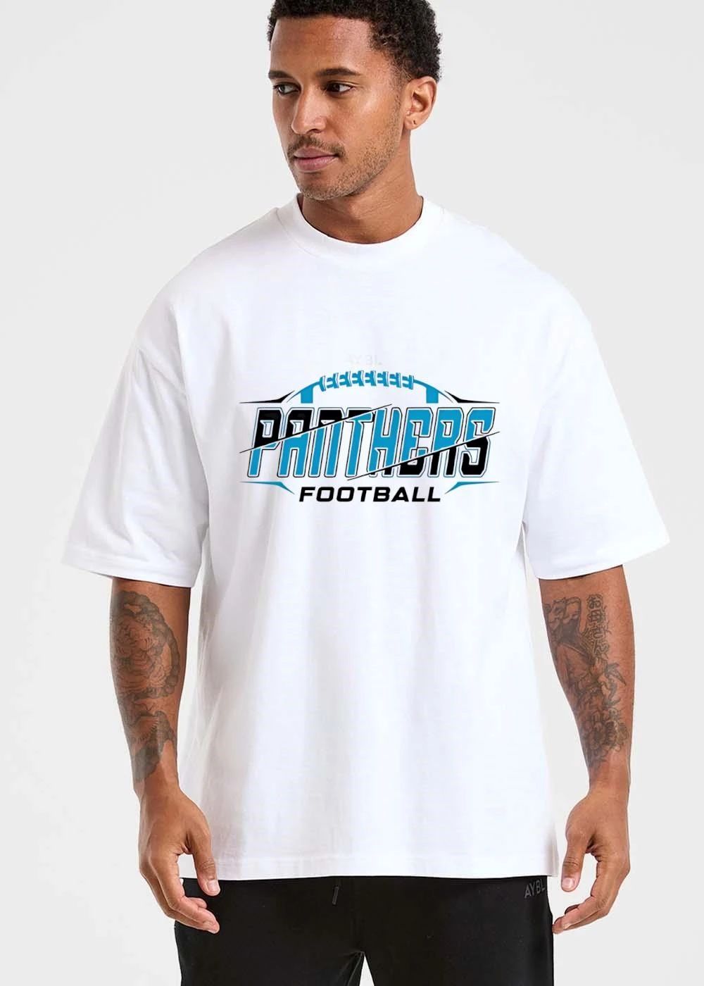 Panthers Football Blue Black Split Wordmark Laces Diagonal Slash shirt