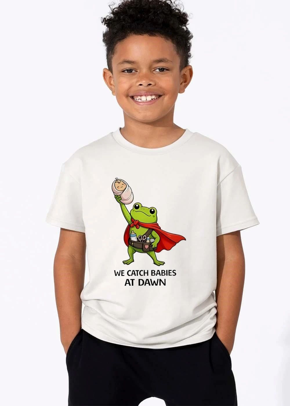 We Catch Babies At Dawn Cartoon Cape Frog Utility Belt Swaddled Infant shirt