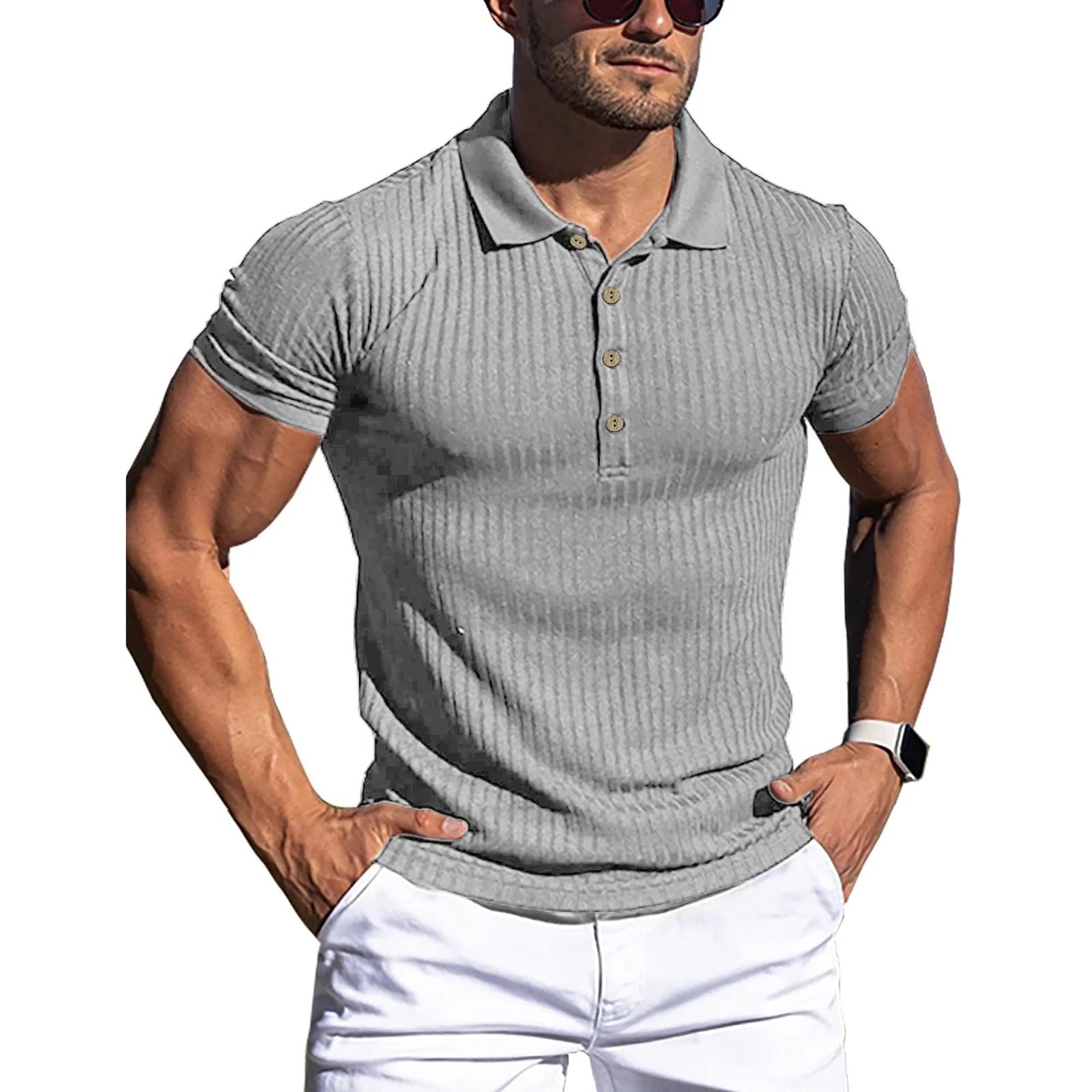 .Men Short Sleeve Muscle Shirts Turn Down Collar Pure Color Striped Slim Fit