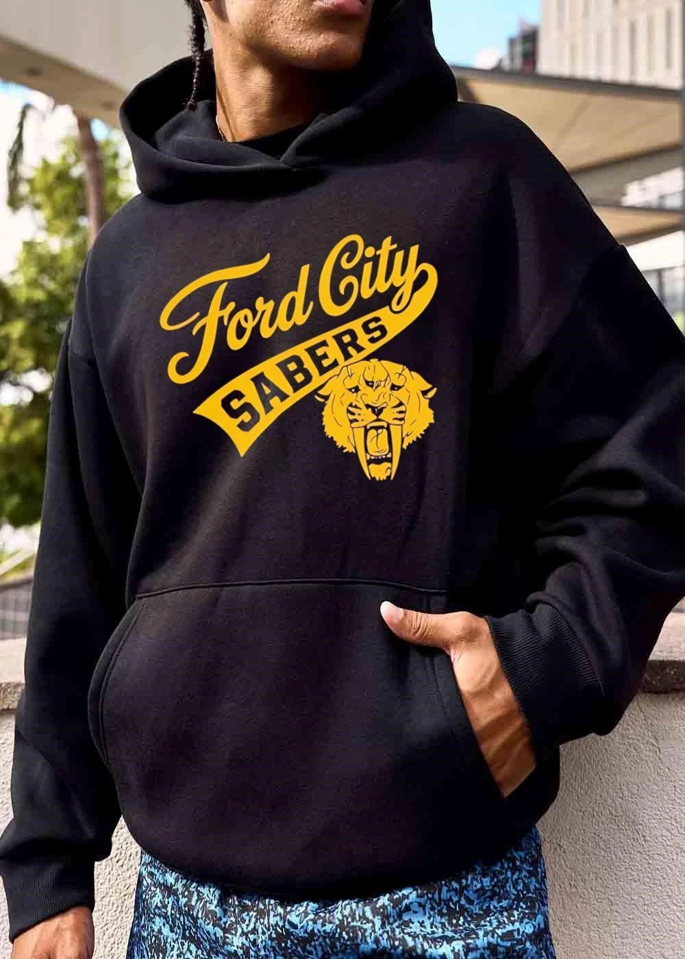 Ford City Sabers Yellow Sabertooth Tiger Head Script Banner shirt