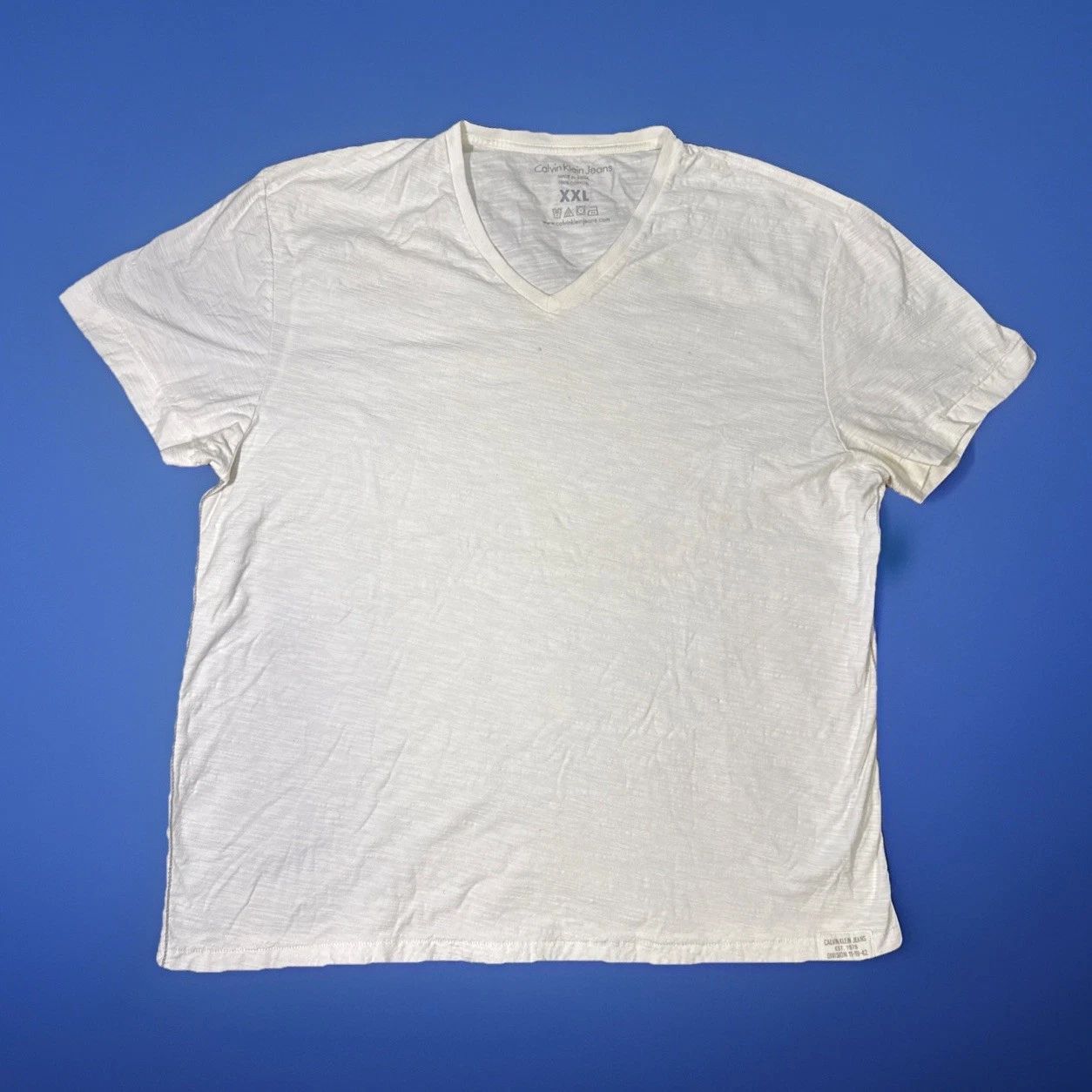 Calvin Klein Jeans V-Neck T Shirt Men’s XXL White Minimalist Slub Cotton 23x29