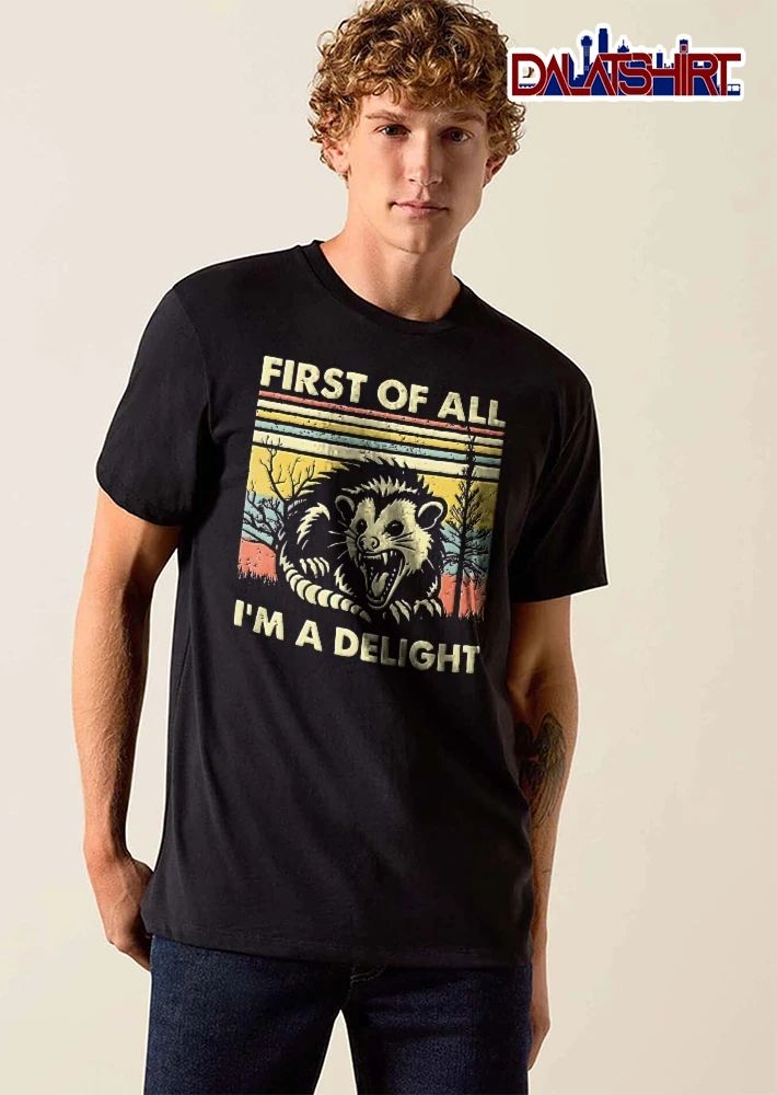 First Of All Im A Delight Snarling Opossum Retro Stripe Sunset Trees shirt
