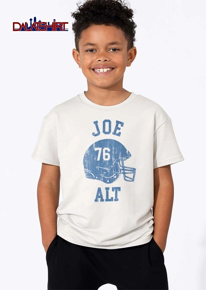 Joe Alt Distressed Light Blue Football Helmet With Number 76 Silhouette shirt