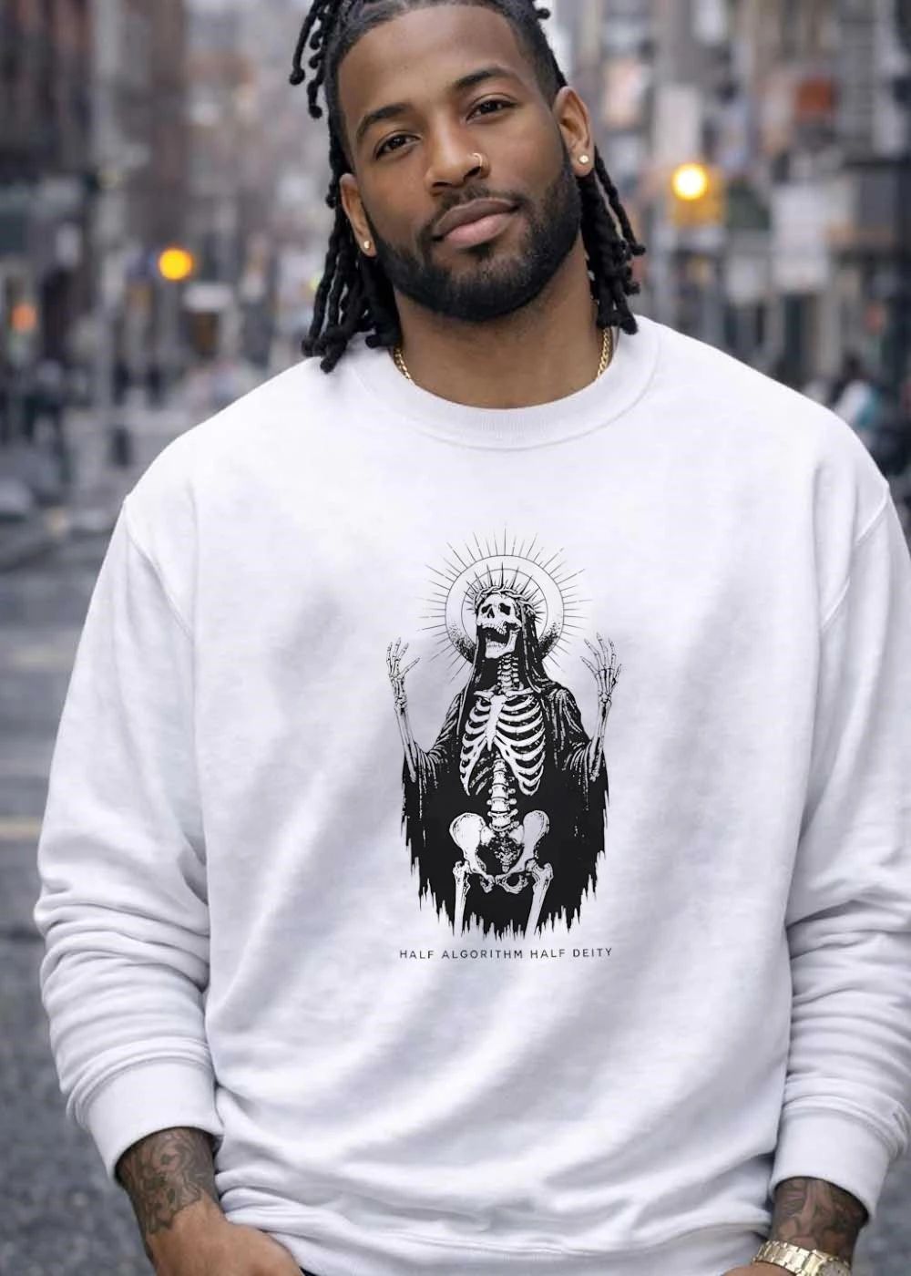 Half Algorithm Deity Cloaked Skeleton Crown Thorns Halo Line Art shirt