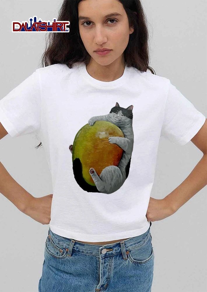 Chubby Sad Black And White Tuxedo Cat Hugging Giant Ripe Mango shirt