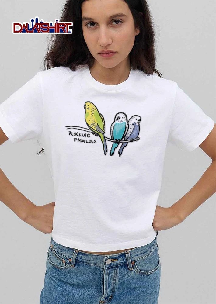 Flocking Fabulous Three Colorful Budgies Sitting On Wire Cartoon shirt
