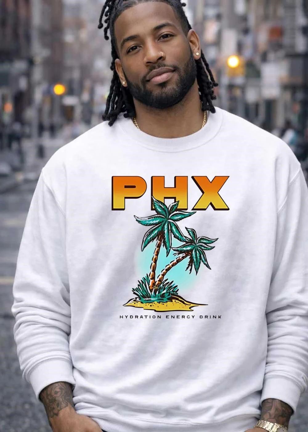 Phx Hydration Energy Drink Teal Palm Trees Tropical Sand Island shirt