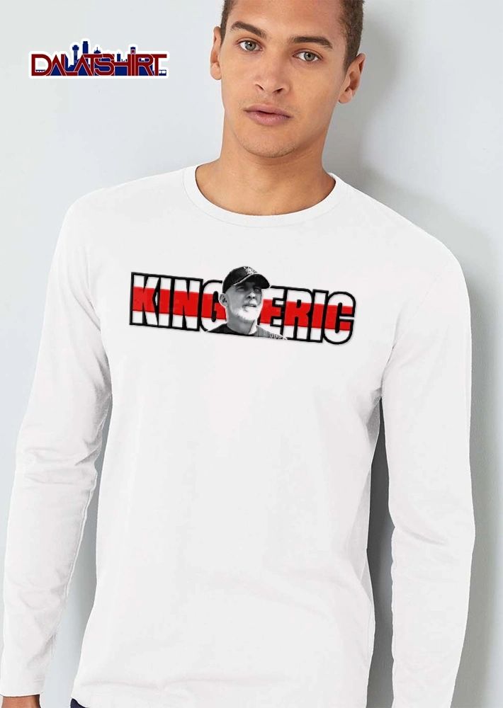King Eric Bearded Man Portrait Baseball Cap Red White Stripe Block Letters shirt