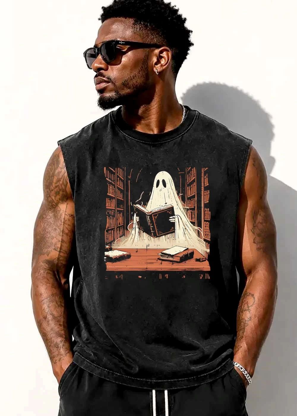 Ghost Reading Open Book Spooky Dark Library Bookshelves Cartoon shirt