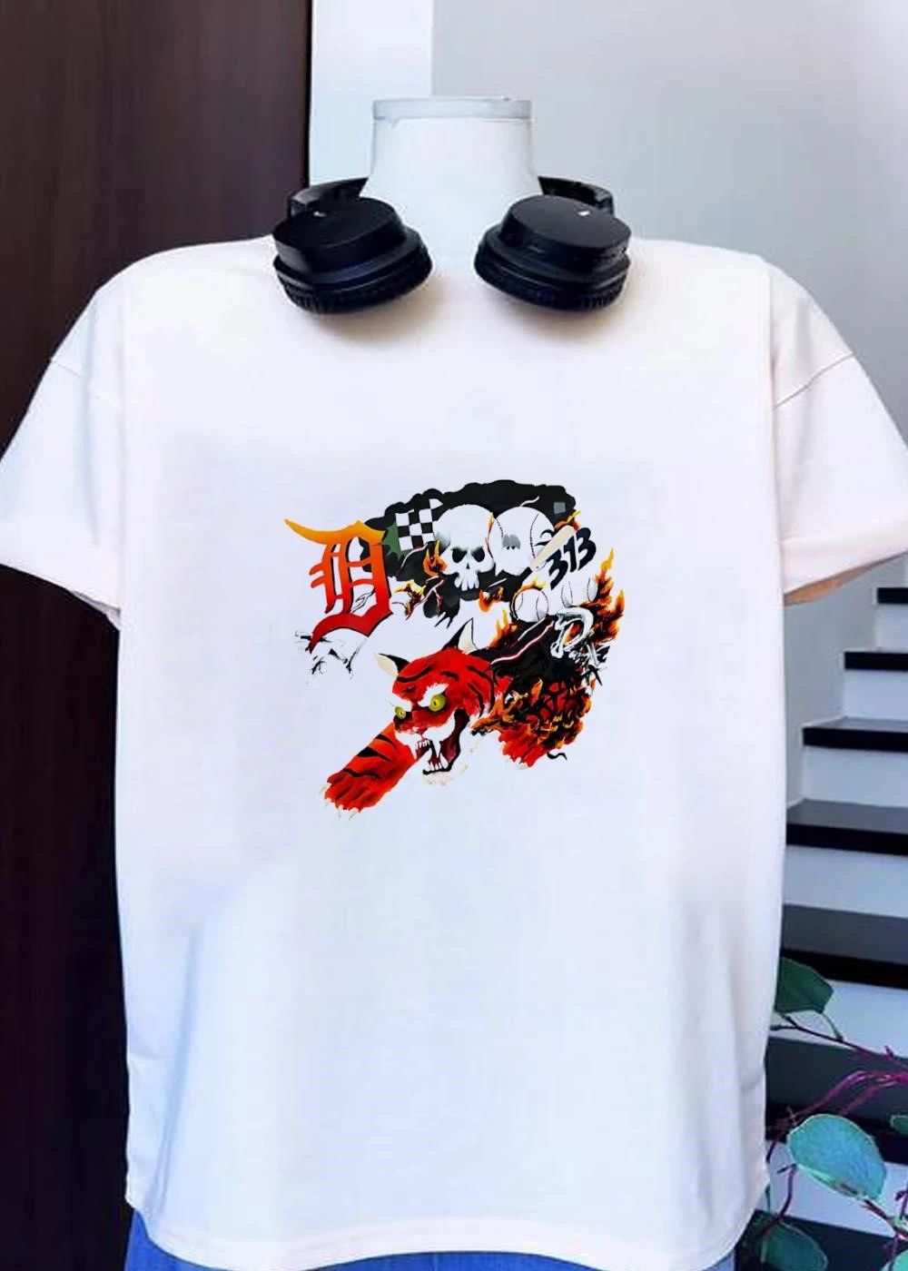 Detroit Tigers Skull Baseball 313 Fire Tiger T-Shirt