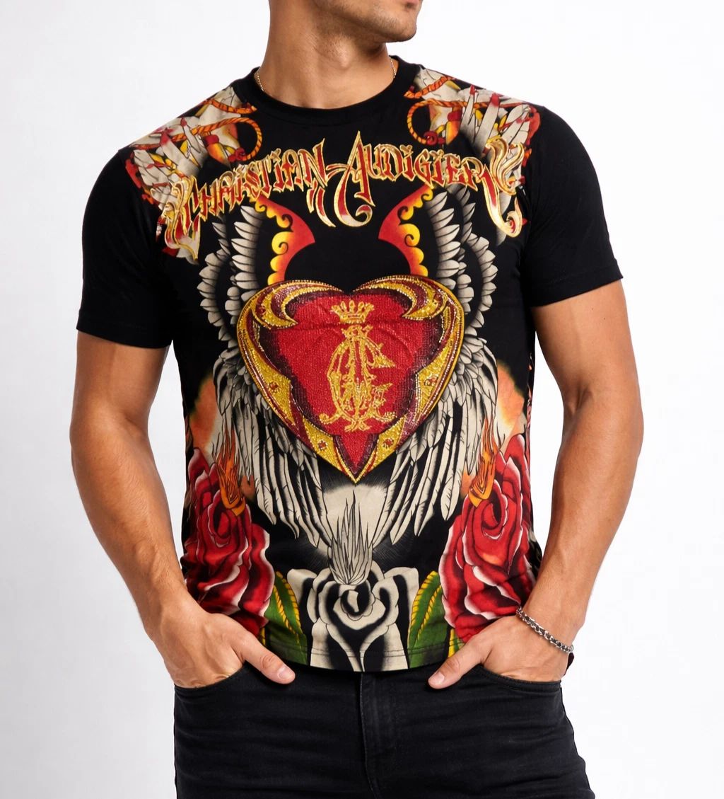 Christian Audigier Rhinestone Graphic T-Shirt Black Red Roses Wings Vintage NWT