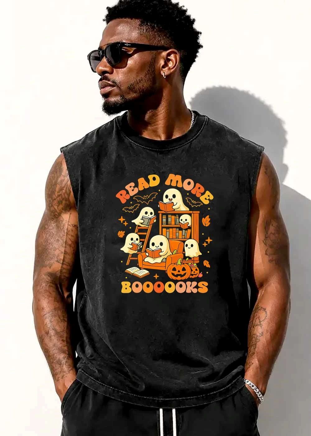 Read More Booooooks Cartoon Ghosts Reading Armchair Bookshelf Pumpkin shirt