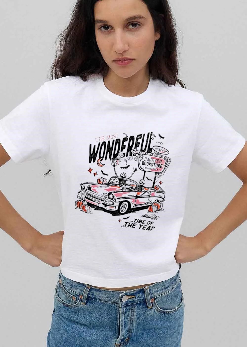 The Most Wonderful Haunted Bookstore Next Exit Spooky Sale Time Of Year Skeleton Convertible Pumpkins shirt