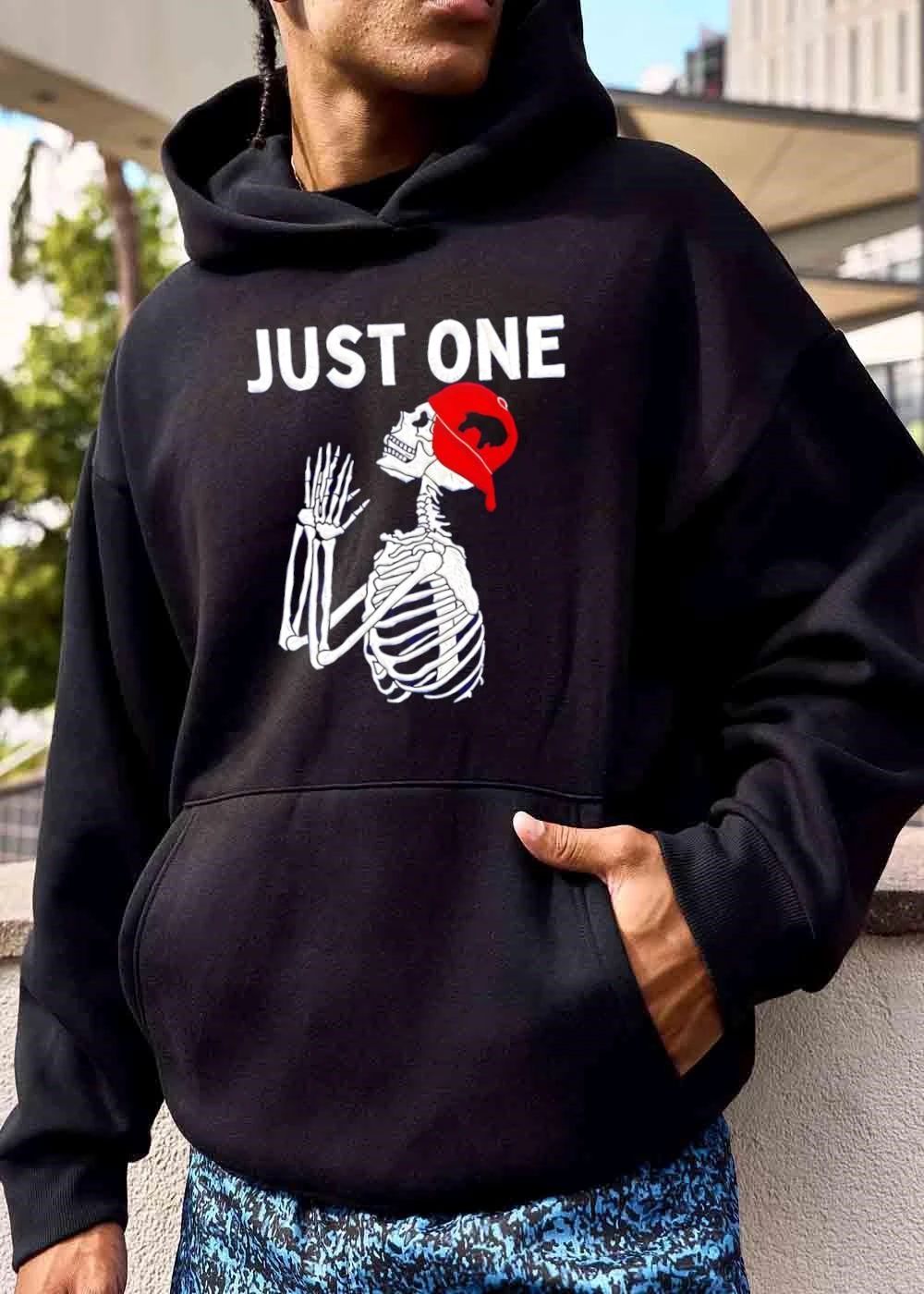Just One Praying Skeleton Wearing Backwards Red Baseball Cap shirt