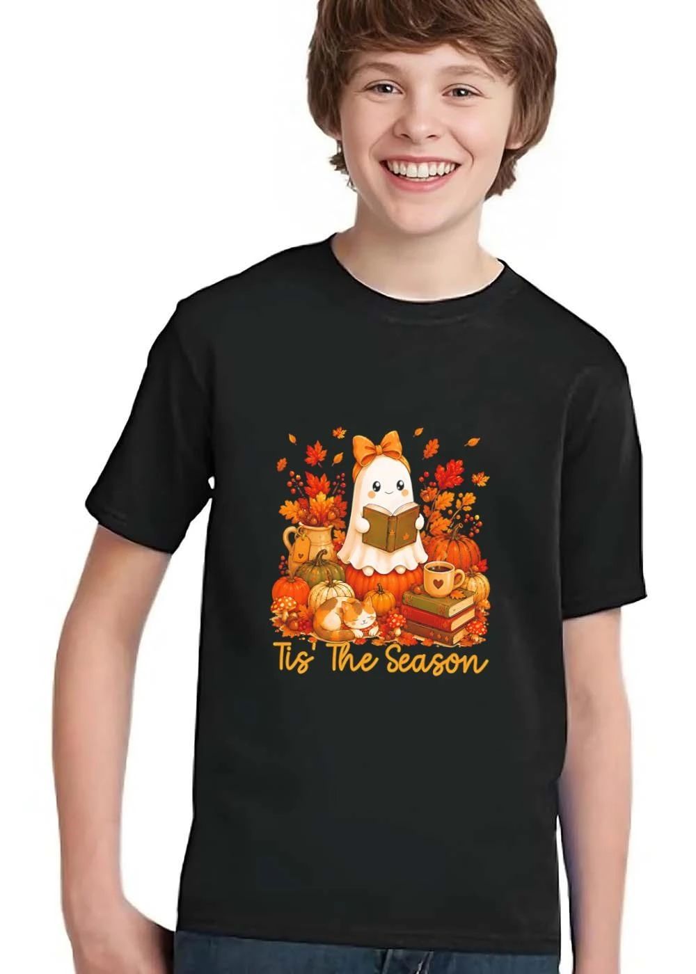 Tis The Season Cute Ghost Reading Book Pumpkin Sleeping Cat Leaves shirt