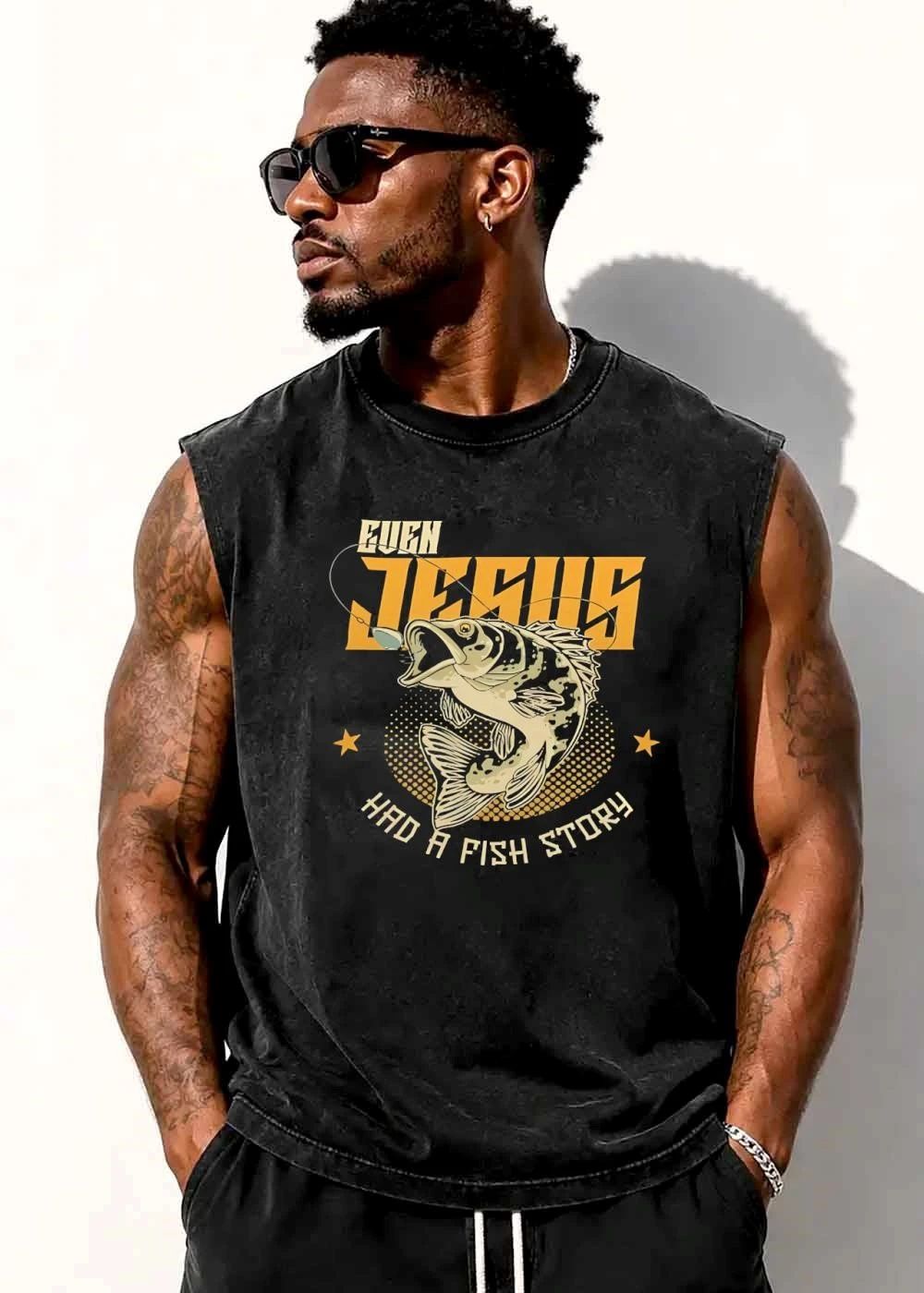 Even Jesus Had A Fish Story Bass Jumping Fishing Hook Halftone Stars shirt