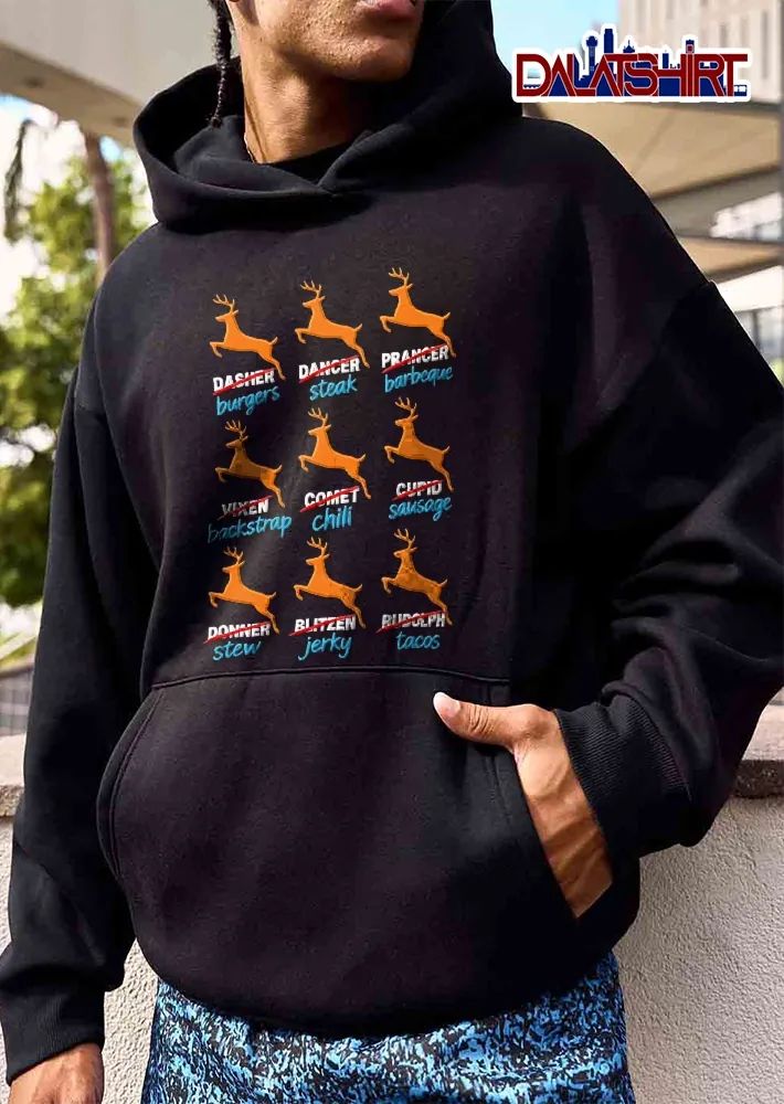 Dasher Burgers Dancer Steak Prancer Barbeque Nine Orange Reindeer Silhouettes Grid shirt
