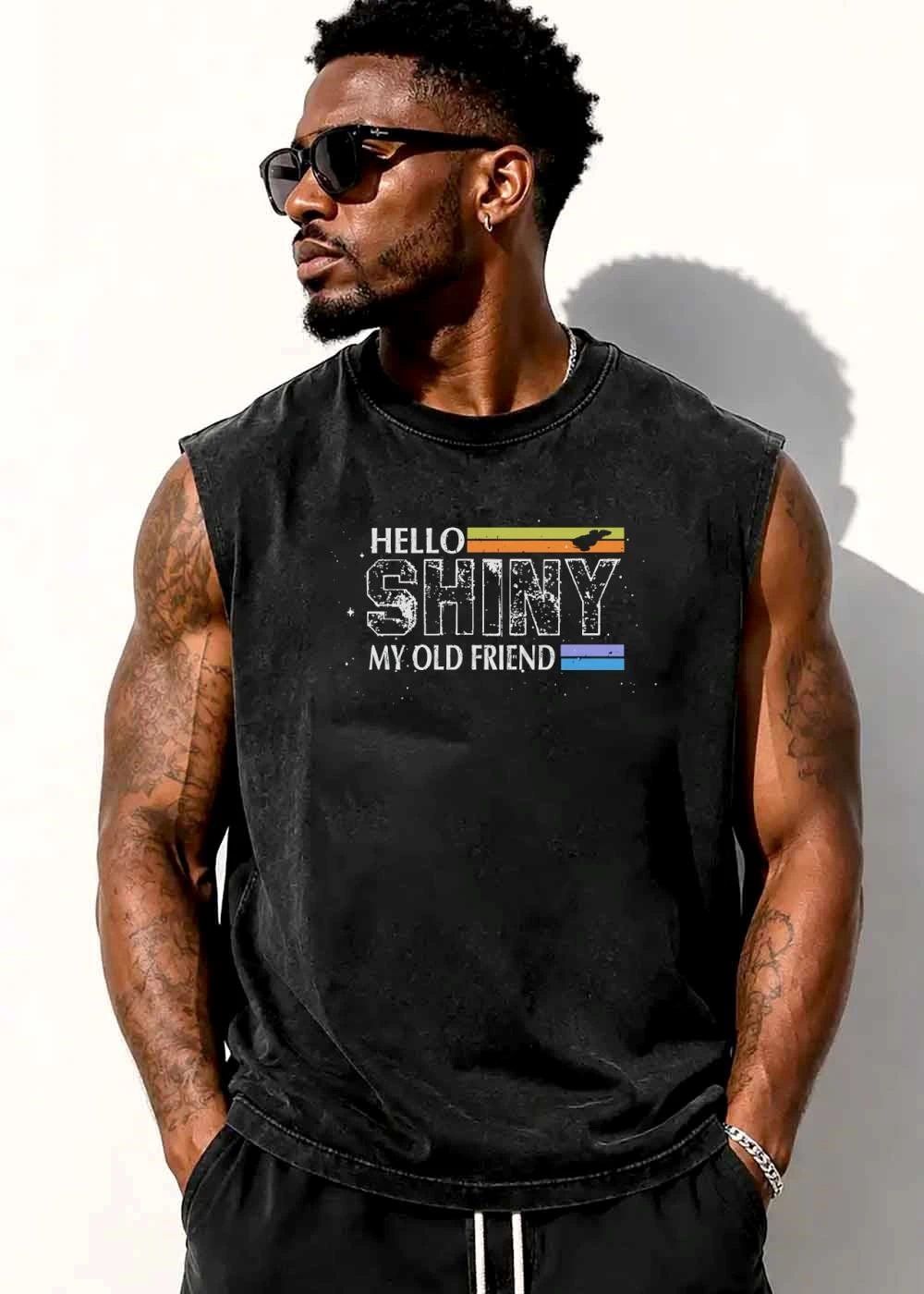 Hello Shiny My Old Friend Spaceship Silhouette Retro Stripes Distressed shirt