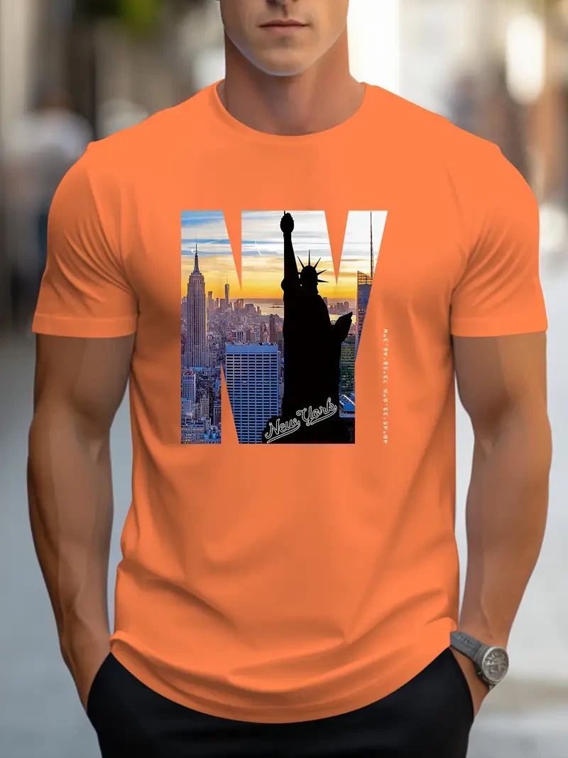 Men Stylish NYC-Inspired T-Shirt Patriotic Print Short Sleeve Breathable Orange