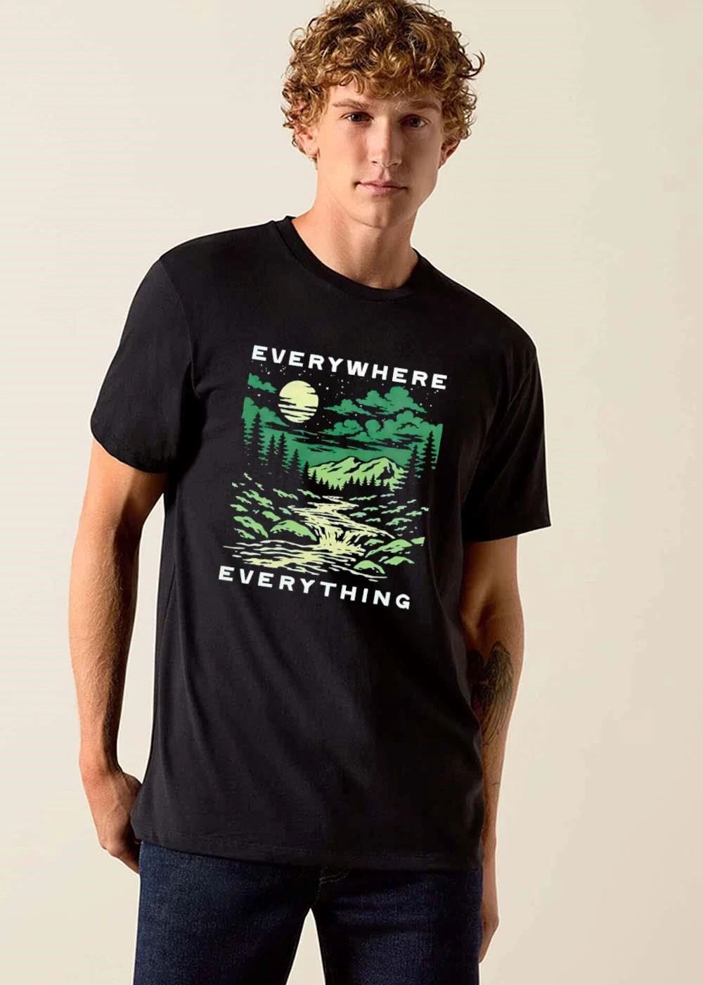 Everywhere Everything Full Moon Mountain Forest River Woodcut shirt