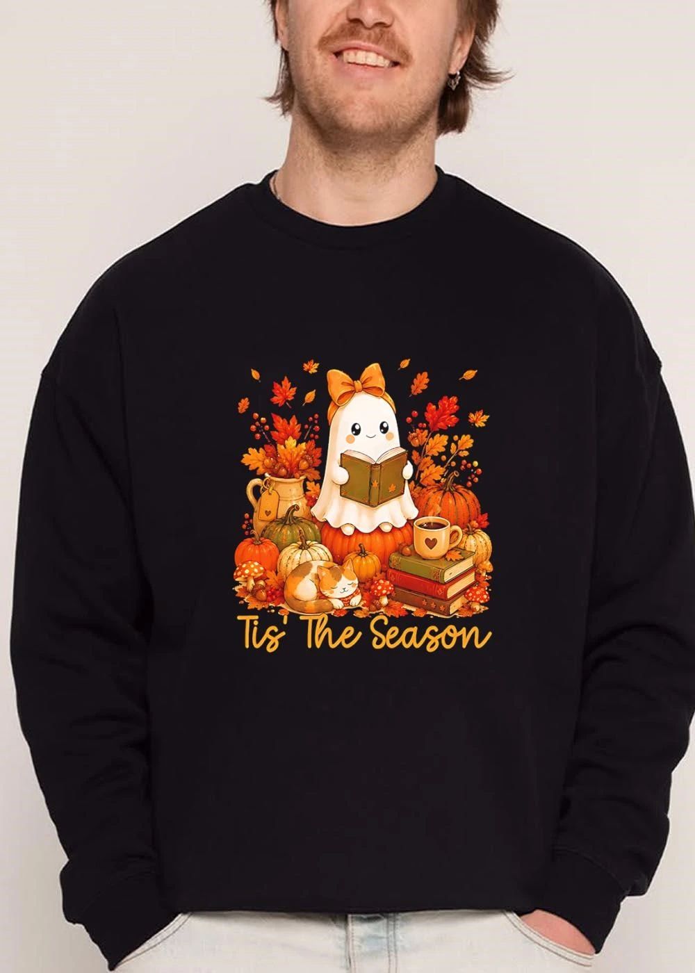 Tis The Season Cute Ghost Reading Book Pumpkin Sleeping Cat Leaves shirt