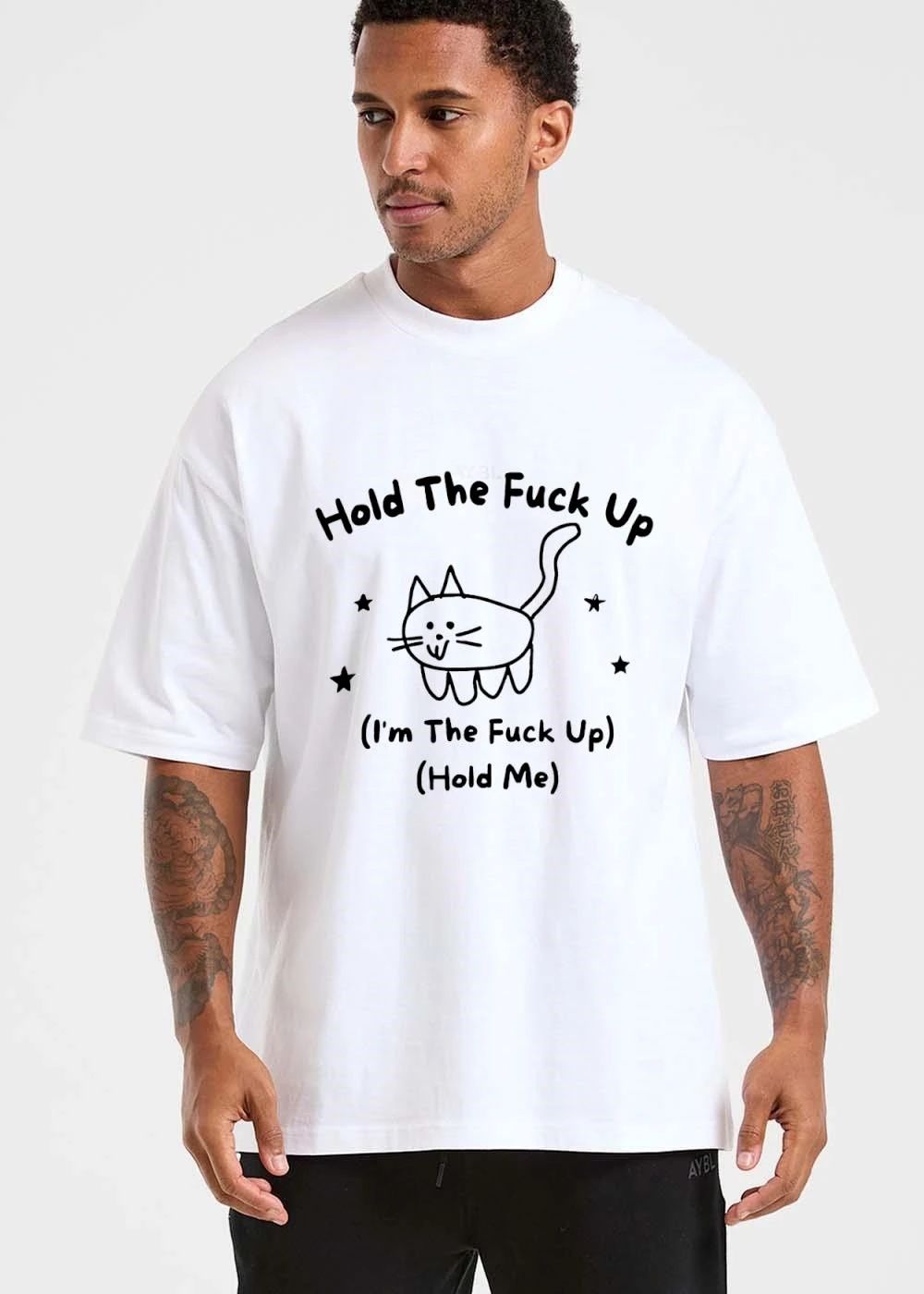 Hold The Fuck Up Im Me Cartoon Cat Doodle Stars Line Art shirt