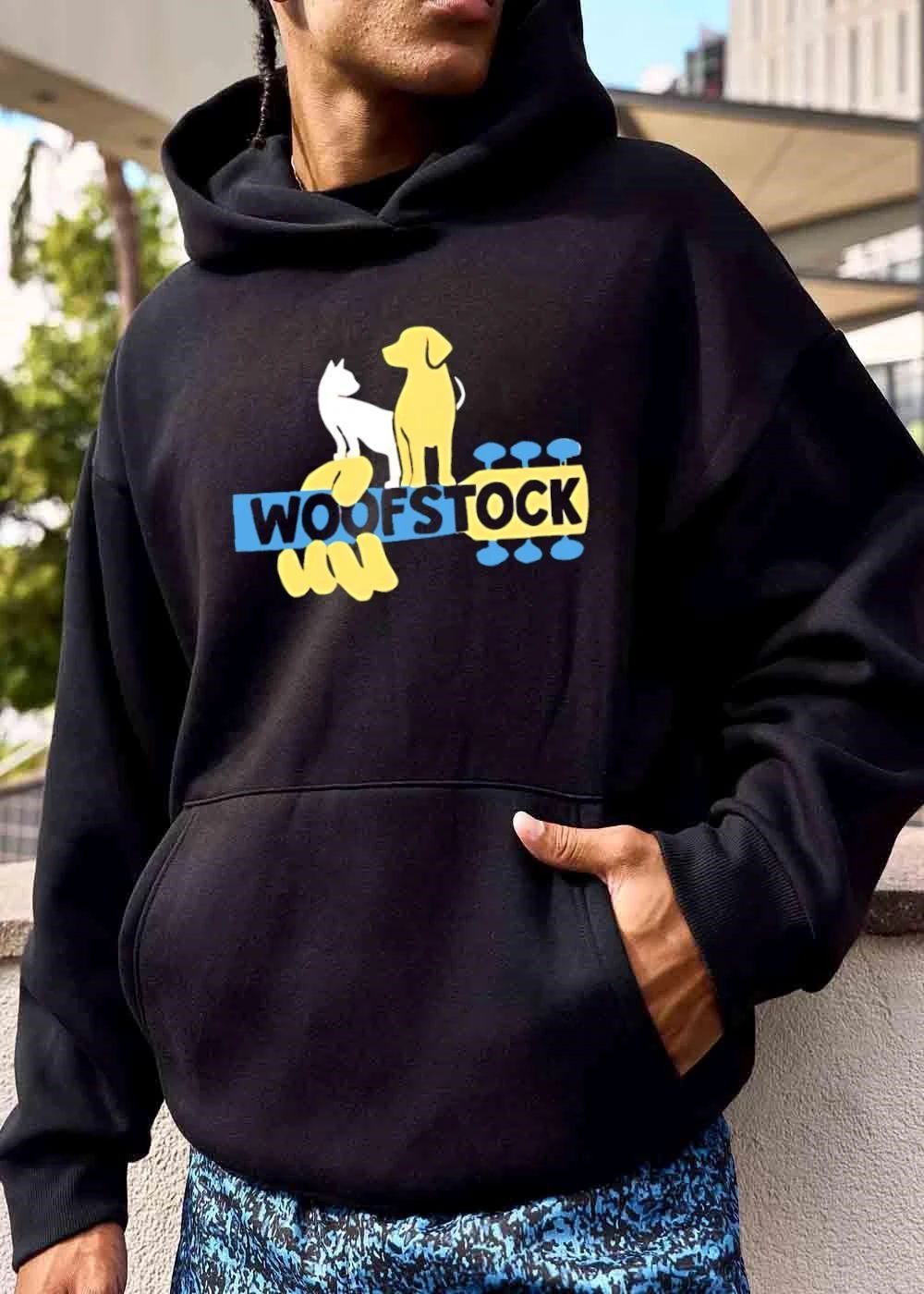Woofstock White Cat Yellow Dog Standing On Guitar Neck Cartoon shirt