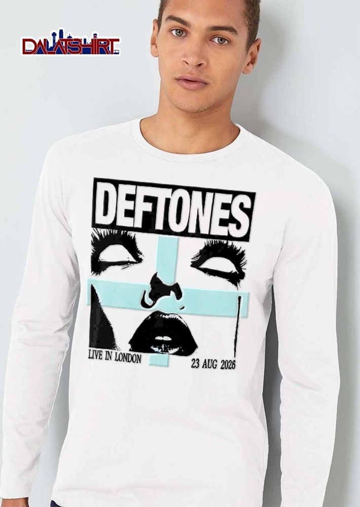 Deftones Live In London 23 Aug 2026 Stylized Face Lips Light Blue Cross shirt