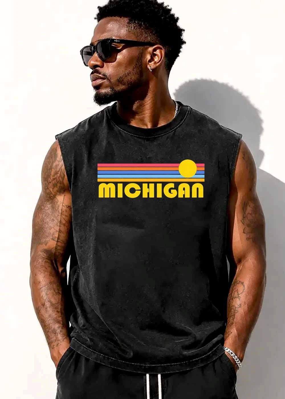 Michigan Retro Sunset Horizontal Colorful Stripes Yellow Sun shirt
