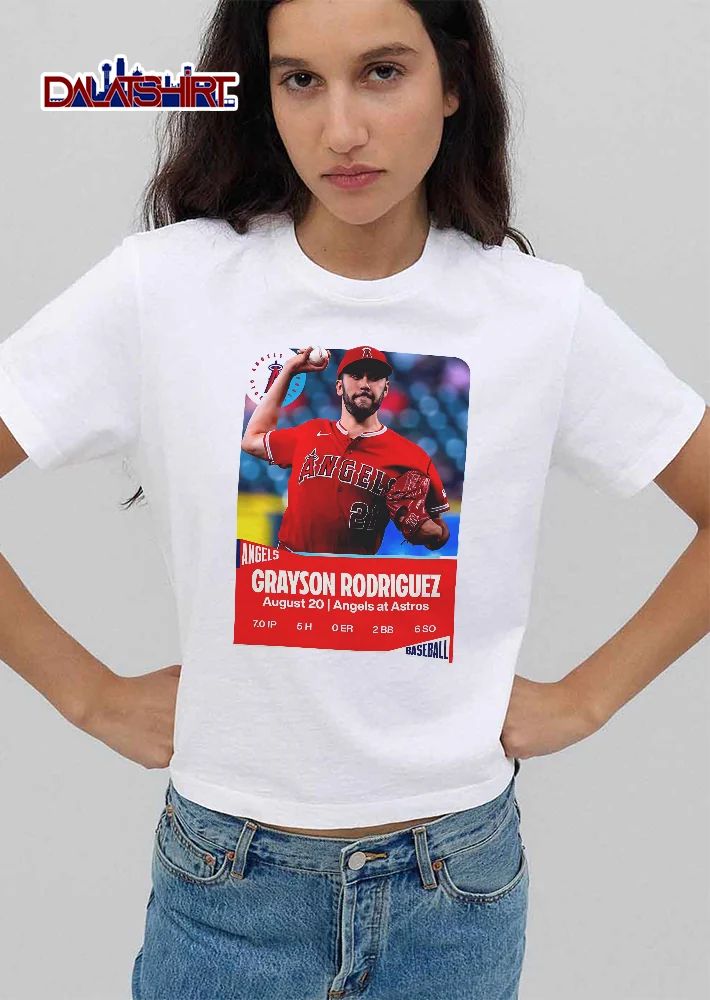 Los Angeles Angels MLB Grayson Rodriguez August 20 At Astros Pitcher Throwing Ball Trading Card shirt