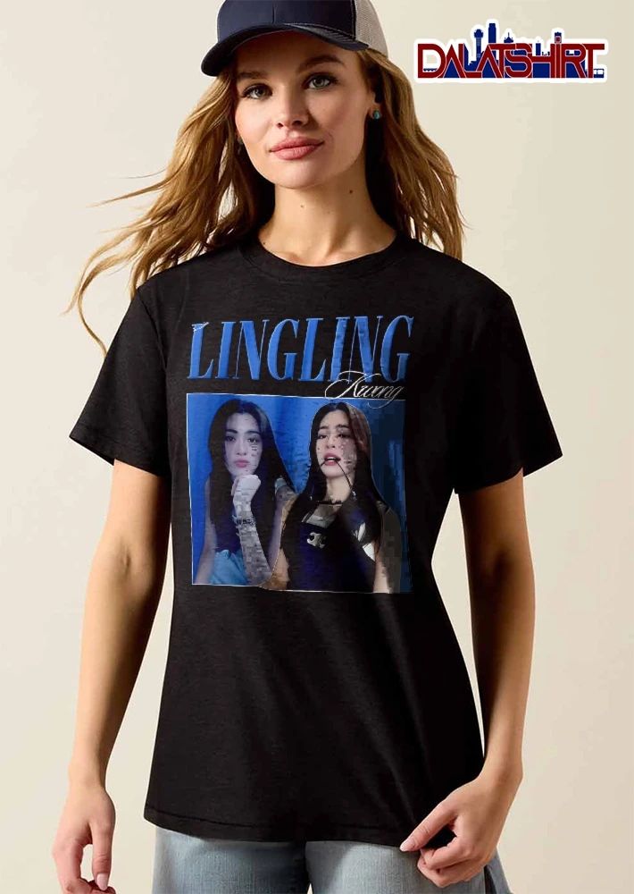 Lingling Kwong Dual Female Photo Collage Blue Background Bootleg shirt
