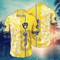 Milwaukee Brewers Hibiscus Stripe Hawaiian Shirt