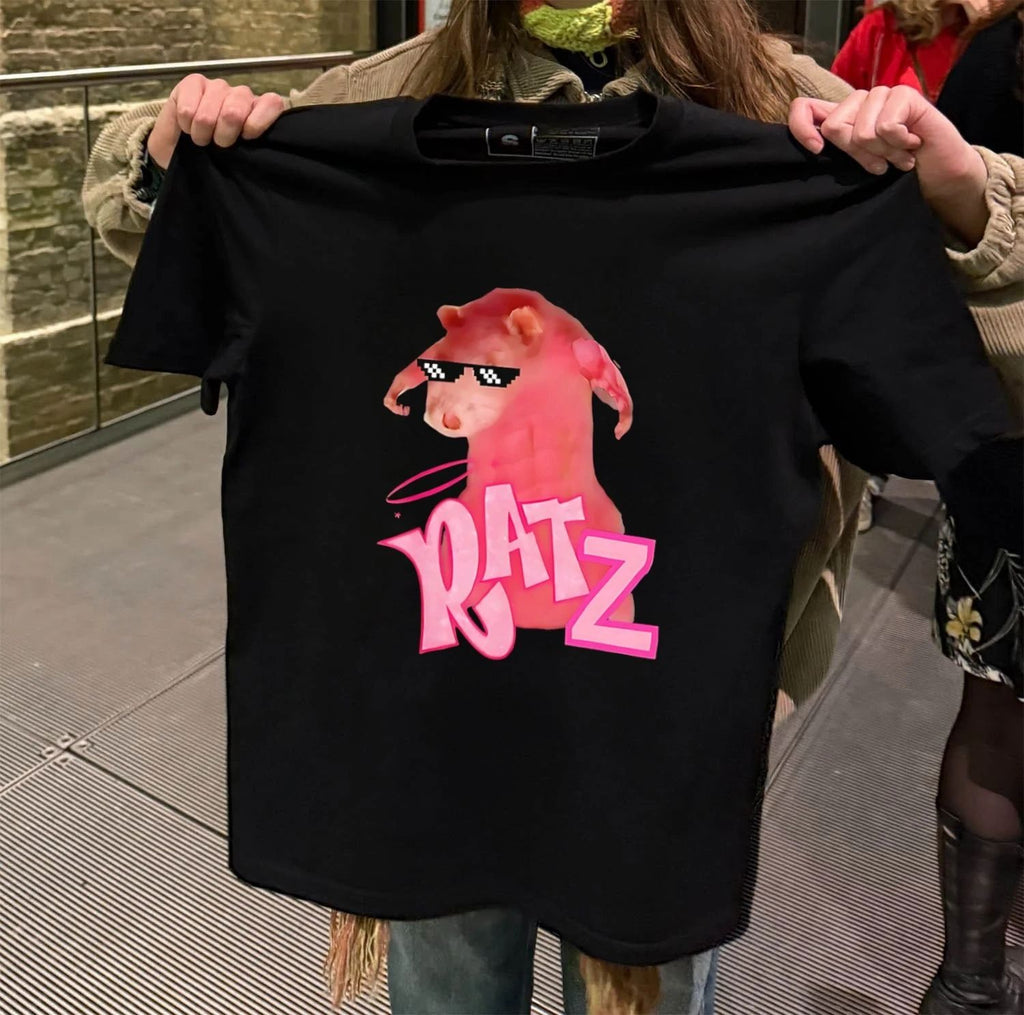 Muscular pink toned rat with pixel thug life sunglasses Bratz doll logo parody RATZ shirt