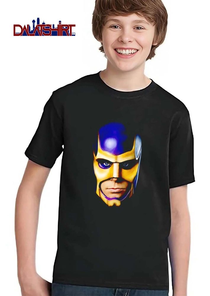 Realistic Painted Purple Gold Superhero Mask Face Close Up Portrait shirt