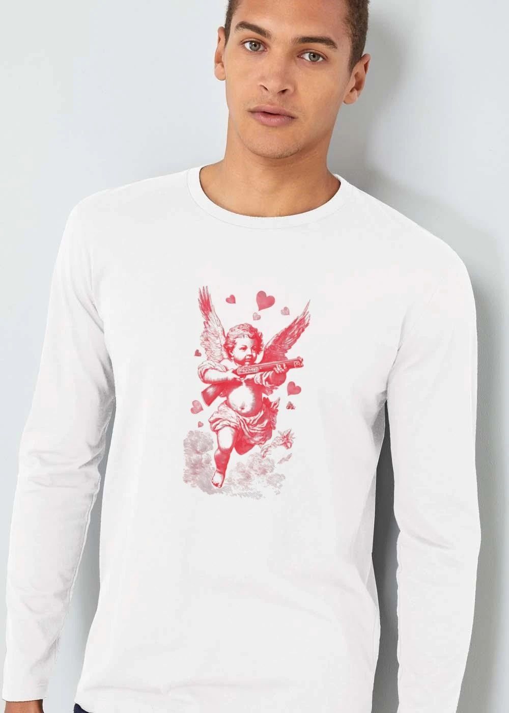Red Pink Vintage Line Art Cherub Cupid Holding Shotgun Hearts Clouds shirt