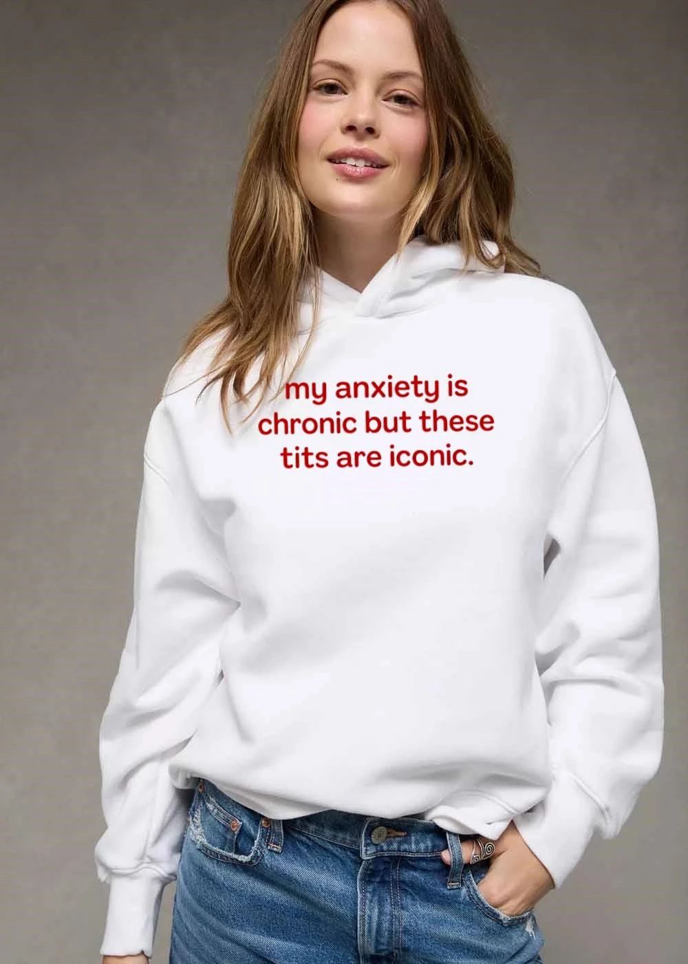 My Anxiety Is Chronic But These Tits Are Iconic Red Typography Text Only shirt