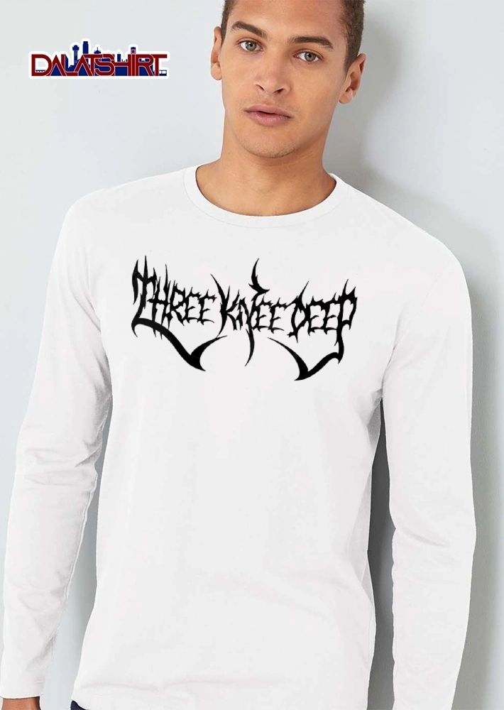 Three Knee Deep Spiky Heavy Metal Band Typography Logo Black White shirt