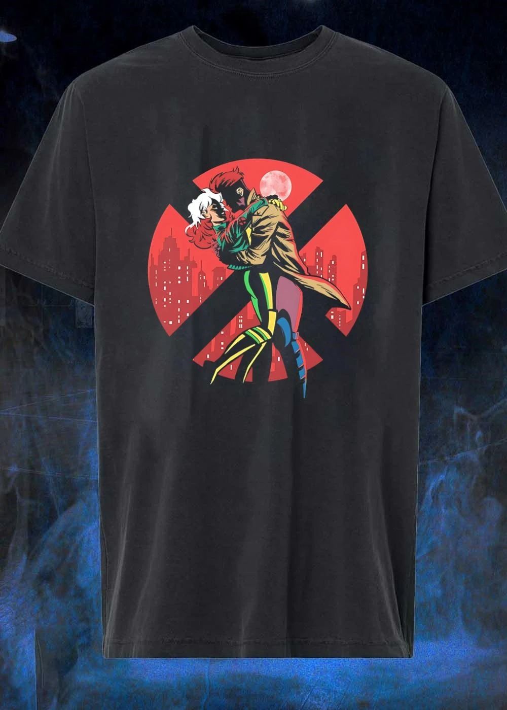 Rogue and Gambit Embrace in Red Moonlight X-Men shirt