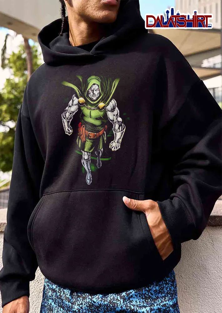 Doctor Doom Walking Forward In Metallic Armor Green Hooded Cloak shirt